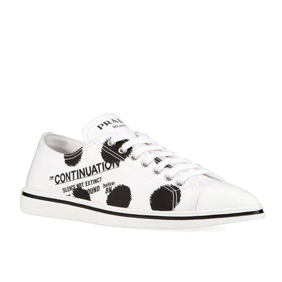 PRADA 1E617M WHITE BLACK POLKA CANVAS LOGO POINTY CAP LOW TOP SNEAKERS 38 ITALY